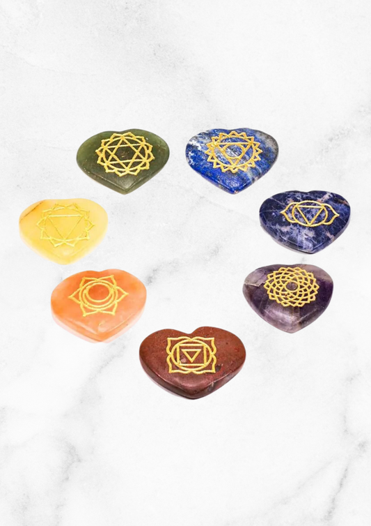SET 7 Stones with chakra symbols in the shape of a heart