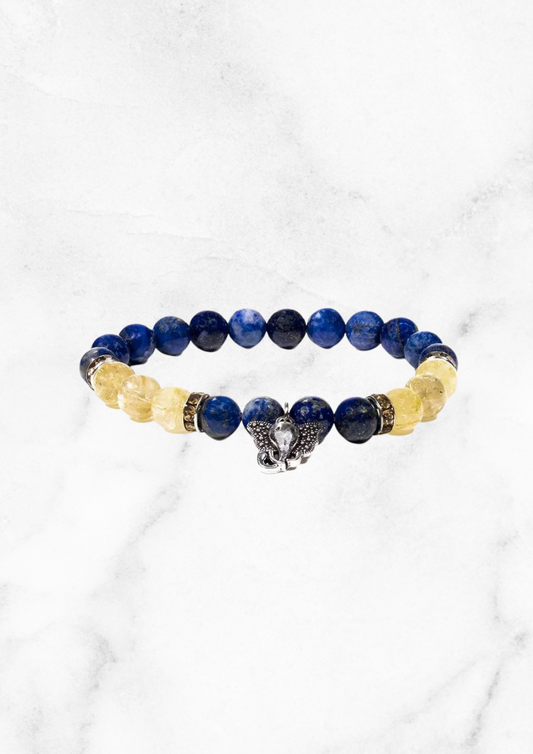 Lapis lazuli and Rutilated Quartz bracelet with Ganesh